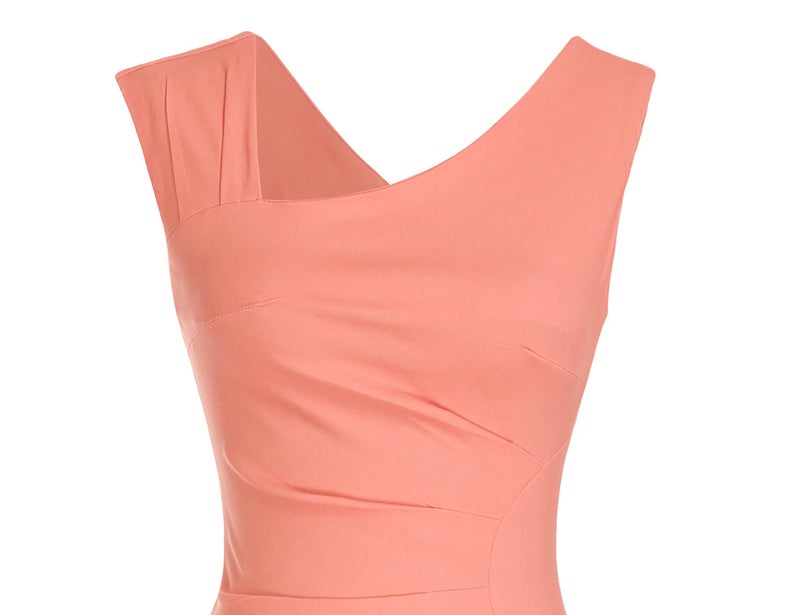 MUXXN Women's Summer V Neck Sleeveless Midi Pencil Ruched Bodycon Casual Business Work Dress Peach S - Image 5